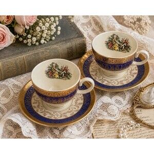 Pair of Vintage Bromley  Demitasse Cup and Saucer Set  Cobalt Blue Warranted 22k